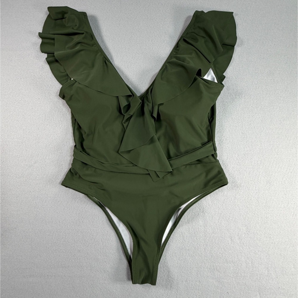 Ruffle V-Neck Womens One Piece Swimsuit Large Olive Green Boho Beach Vacation